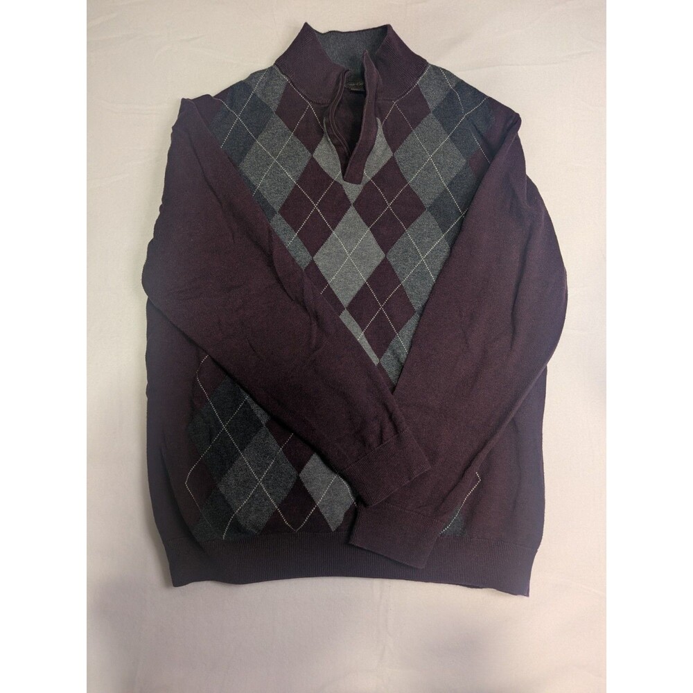 Tasso Elba Men's Burgundy/Gray Argyle Mock Neck 1/4 Zip Knit Sweater M